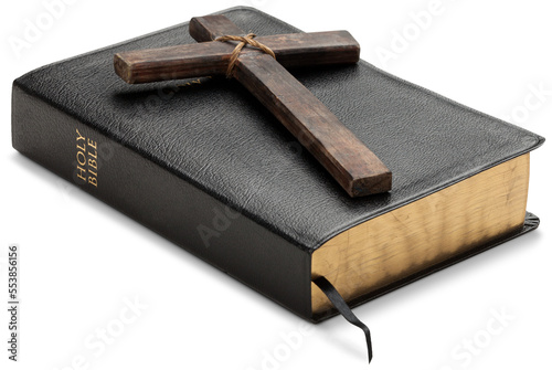 religion concept. Black bible with wooden cross