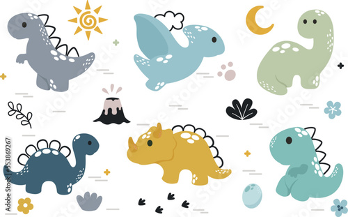 colección de dinosaurios bebes con colores azules, grises y amarillos, ilustración ideal para decoración infantil