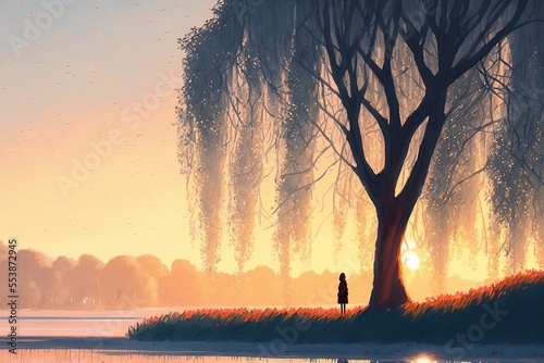 Beautiful Weeping Willow Scenery. Fantasy Landscape. Water colour. romantic and lovely style. illustration art. Digital painting. Generative AI. 