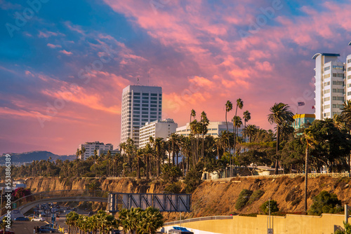 white hotels and office buildings in the city skyline surrounded by tall lush green palm trees and pants with parked cars and powerful clouds at sunset in Santa Monica California USA