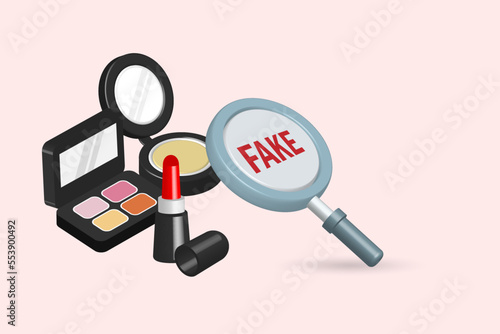 Magnifying glass detect fake or counterfeit cosmetic products. Lipstick, eye pallete and press powder. 3D Vector Illustration.
