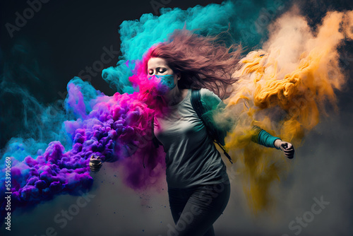 a fiction woman running or dancing through colored smoke (generative ai)