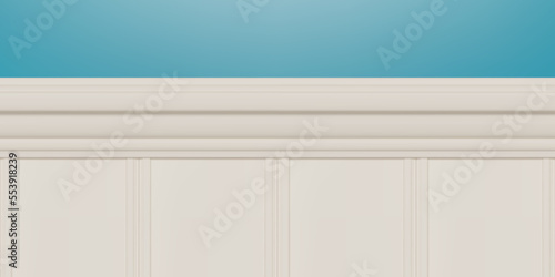 White beadboard or wainscot with top chair guard trim seamless pattern on blue wall. Light wood or gypsum embossed baseboard or skirting under vintage wall panels. Vector illustration