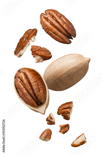 Whole, shelled and broken pecan nuts flying isolated on white background. Vertical layout