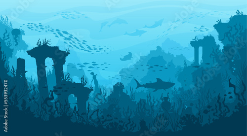 Underwater landscape, ancient city columns and temples, shark, manta and fish, vector sea background. Ocean deep water or undersea world with drowned Atlantis city ruins and coral reef silhouette