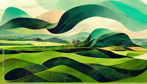 Landscape with green mountains and fields created using Generative AI technology