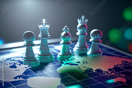 Concept of geopolitics or worldwide economy. chess figures placed on map banner