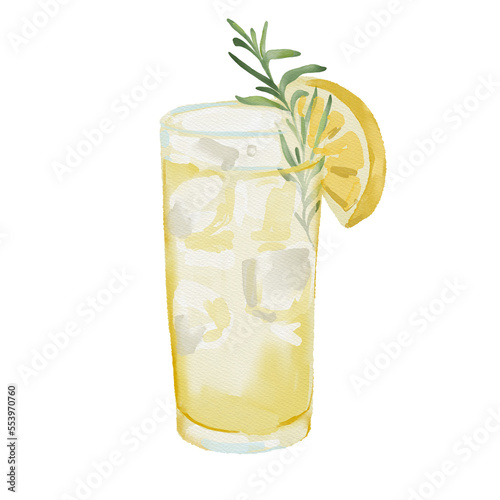 Watercolor illustration of cup of cocktail drink, lemonade