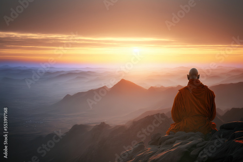 Buddhist monk meditating on mountain top at sunset , Generative AI illustration