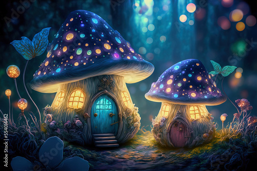 Fairy houses in fantasy forest with glowing mushrooms. Digital artwork 