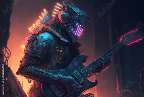 Robot playing the guitar in an abstract cyberpunk musician portrait. Generative AI