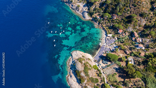 Aerial drone view of Arenella beach in isola del Giglio, Tuscany