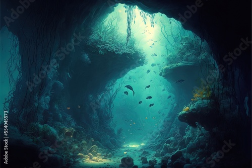 Underwater cave in fantasy underwater world. Digital illustration. Generative AI