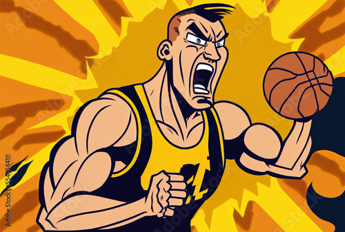 cartoon illustration of an athlete gripping a basketball with one finger on a yellow backdrop. Generative AI