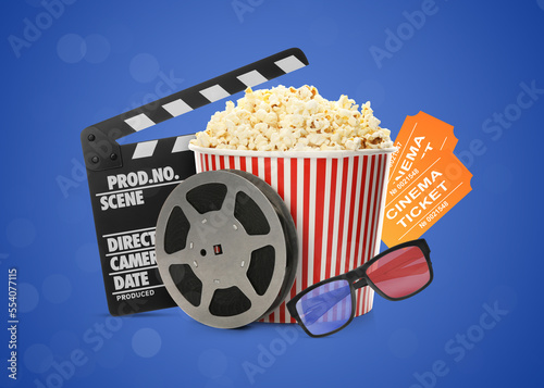 Movie clapper, tickets, pop corn, 3D glasses and film reel on blue background. Collage design