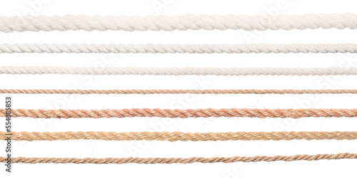 Ropes set. Collection of different straight long ropes. Png isolated with transparency