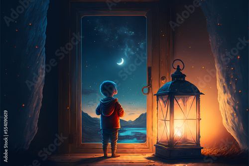 fantasy scene of the kid holding a lantern looking at the stars, illustration digital generative ai design art style