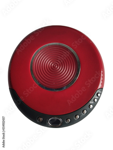 Red discman cd player isolated on white background. Electronic device. Portable disc player