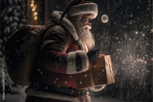 santa clause with a gift box in snowy night