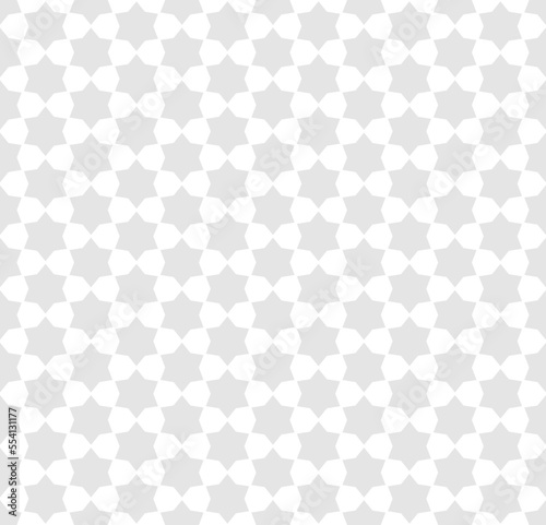 Abstract vector geometric seamless pattern. Traditional oriental ornament with stars, lattice, mesh, grid, floral shapes, stars. Subtle gray and white background. Elegant ornamental repeat design