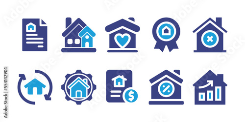 Real estate icon set. Bold icon. Duotone color. Vector illustration. Containing document, house, love, prize, discard, resell, cog, loan, sale, growing.