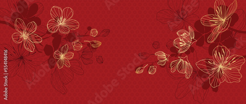 Happy Chinese new year luxury style pattern background vector. Oriental sakura flower gold line art texture on red background. Design illustration for wallpaper, card, poster, packaging, advertising.