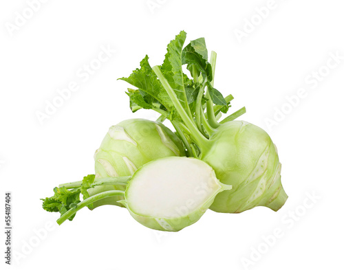 Fresh kohlrabi with green leaves on transparent png