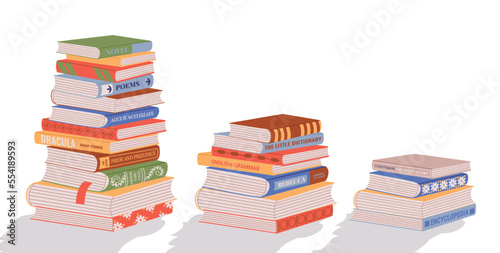 Book stack. Cartoon pile of handbook textbook education study literature, tower of publication paper supplies for reading in bookstore. Vector set