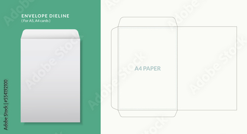 Envelope die cut template with cut lines.Envelopes mockup front and back view.
