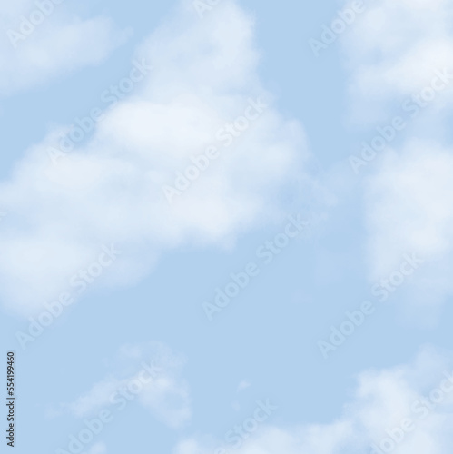 Blue Bright Sky with Delicate Fluffy White Clouds. Simple Vector Print with Hand Drawn Clouds on a Light Blue Background ideal for Layout, Blank, Cover. No text.