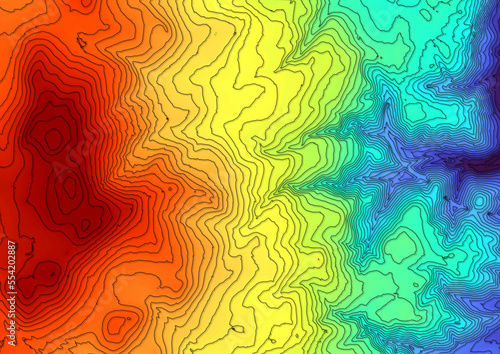 Concept de fond - Hydrographie - Vue aérienne des méandres d'une rivière en territoire montagneux - Rendu 2d modèle numérique de terrain avec colorisation hypsométrique et courbes de niveau