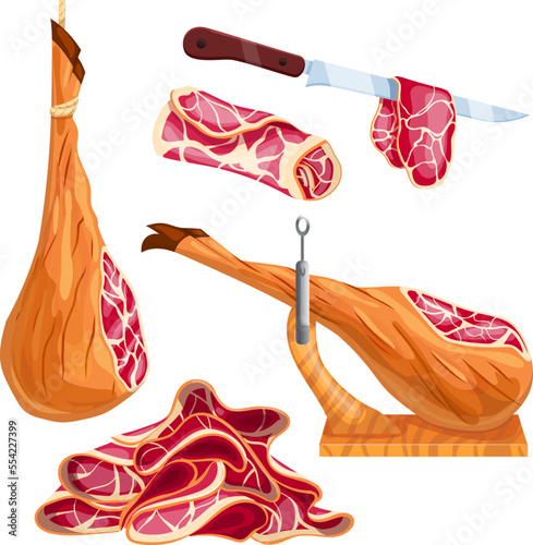 ham meat food set cartoon. pork slice, delicious snack, meal bacon, fresh prosciutto, gourmet delicatessen, fat ingredient, traditional ham meat food vector illustration