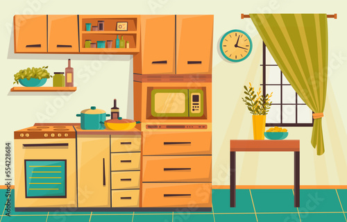 Kitchen interior. Cartoon style vector illustration.