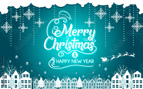 merry christmas and happy new year banner background cold blue winter snow santa in the town vector template
