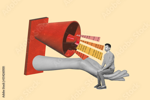 Composite collage image of big arm palm hold mini black white gamma guy talking loudspeaker isolated on creative background