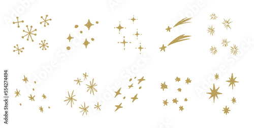 シンプルでお洒落なきらきら装飾イラストセット 星 流れ星 光 手描き デコレーション