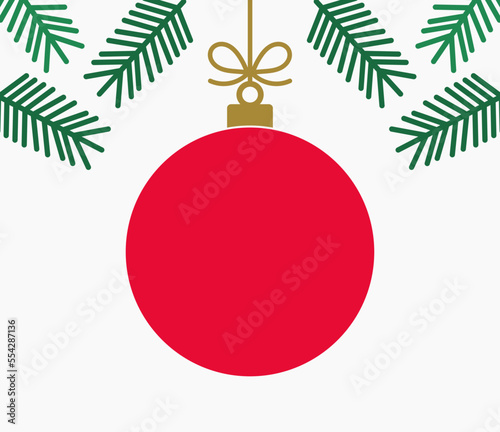 Christmas red ball hanging ornament and fir branches isolated on white background.