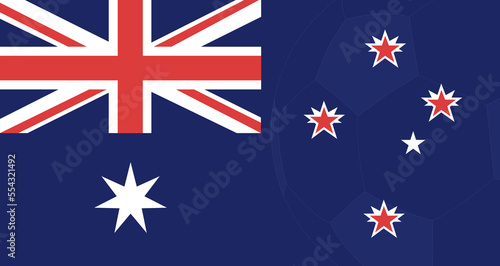 The national flags of Australia and New Zealand combined as one with a soccer football superimposed on them