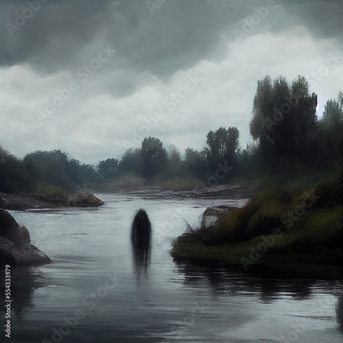River Landscape Riverbank Dark Figure Lurking Malevolent Spirit Folklore Painting Generative AI Tools Technology illustration