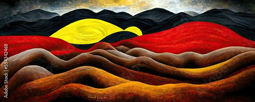 Australian Aboriginal dreamtime creation of Australia by a rainbow serpent, its mountains rivers, trees and people, Aboriginal religion and culture, concept illustration