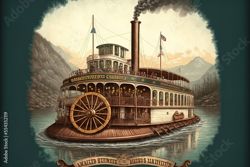 A riverside vintage Americana�style painted paddlewheel steamboat Generative AI