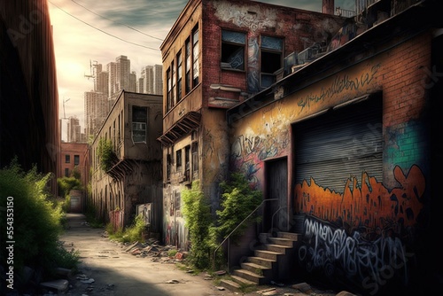 Scene from an urban slum, complete with graffiti-covered alley Generative AI