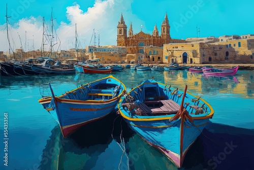  The lovely Parish Church of Our Lady of Pompei stands out against the turquoise waters of the harbor as traditional Maltese Luzzu fishing boats bob gently on the surface. Generative AI