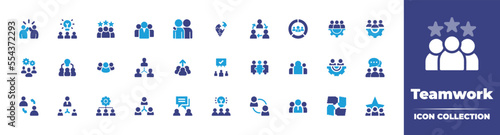 Teamwork icon collection. Duotone color. Vector illustration. Containing team, brainstorming, rating, teamwork, support, problem solving, team management, employee, team work, agreement, and more.