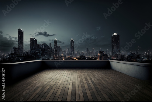Panoramic View of the Bangkok skyline at night from a rooftop concrete observatory deck. Asian business and residential culture. Downtown financial city, real estate mock up product display, vacant ro