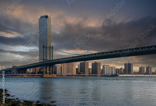 Dramatic sky over the Manhattan Bridge early New York morning