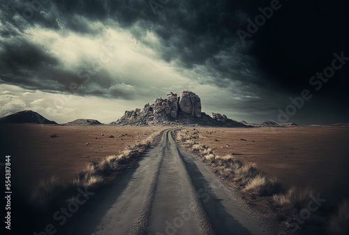 Stunning picture of a deserted road in the midst of a parched grass field and rocks under a gloomy sky. Generative AI