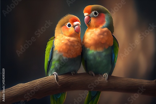  two colorful birds sitting on a branch together. Generative AI