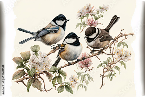 On a white backdrop, an illustration shows three chickadee birds perched on a branch with a butterfly nearby. Generative AI