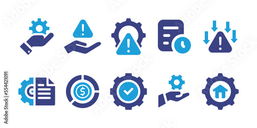 Management icon set. Duotone color. Vector illustration. Containing management, risk management, project plan, risk, project, money management, compliance, technical service.